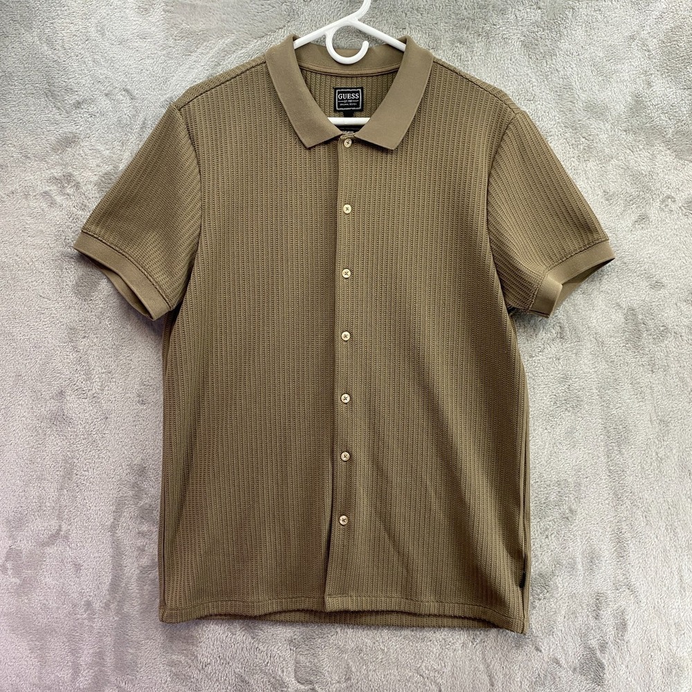 Guess Ribbed Knit Polo Shirt Mens M Olive Short Sleeve Button Up
